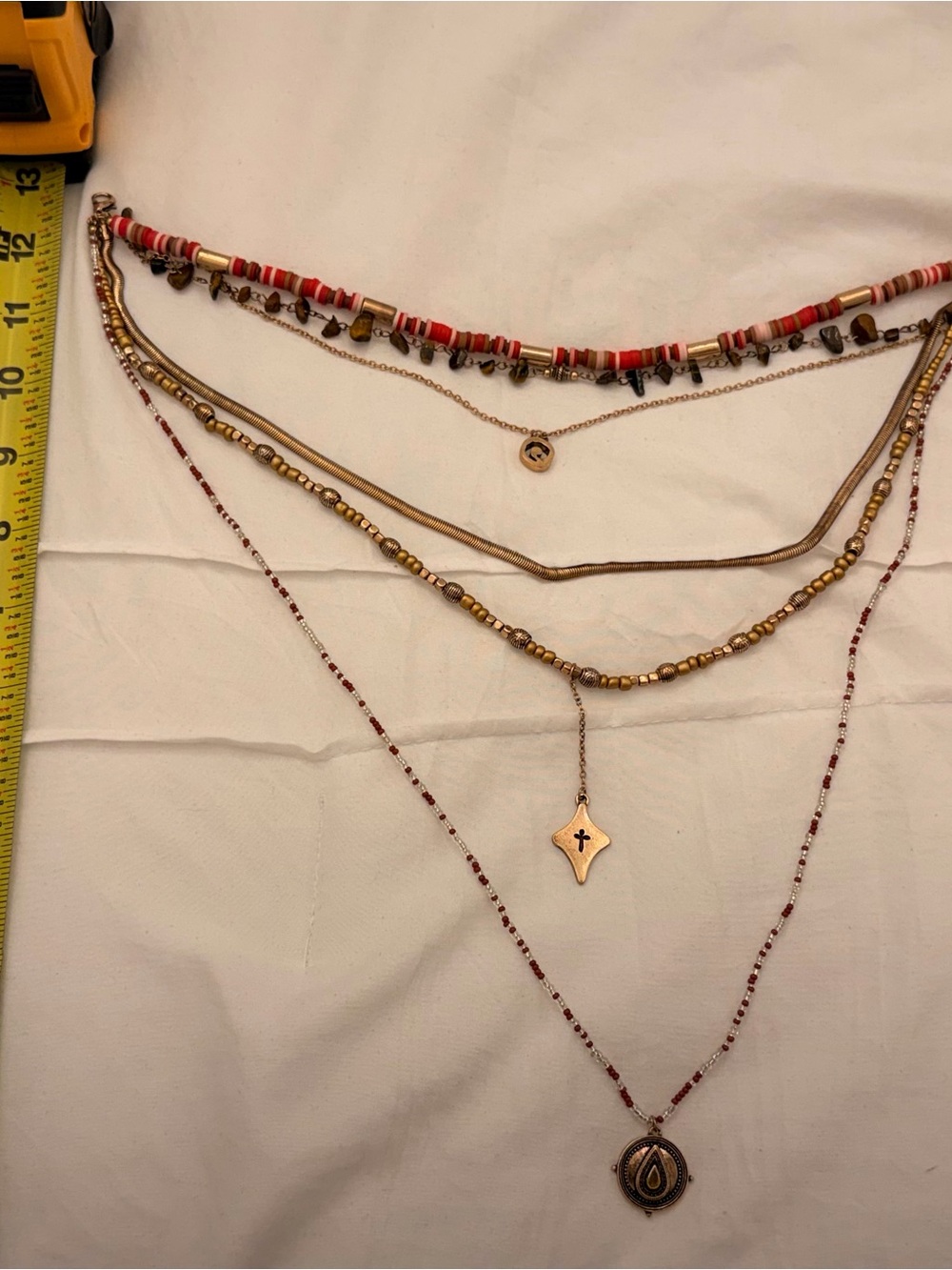 Free People Gold Tone Layered Necklace with Red Bead Accents